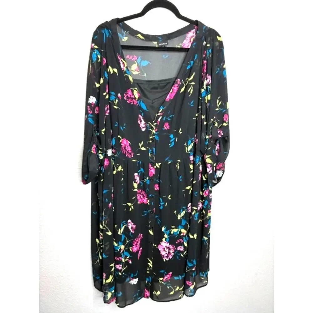 Torrid Black Floral Midi Dress Sz 4 (4XL) Tiered Chiffon Boho Flutter Sleeve - Picture 2 of 12